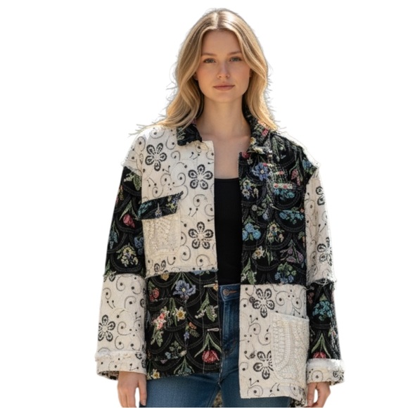 POL Jackets & Blazers - POL Large Floral Patchwork Jacket - Black and White